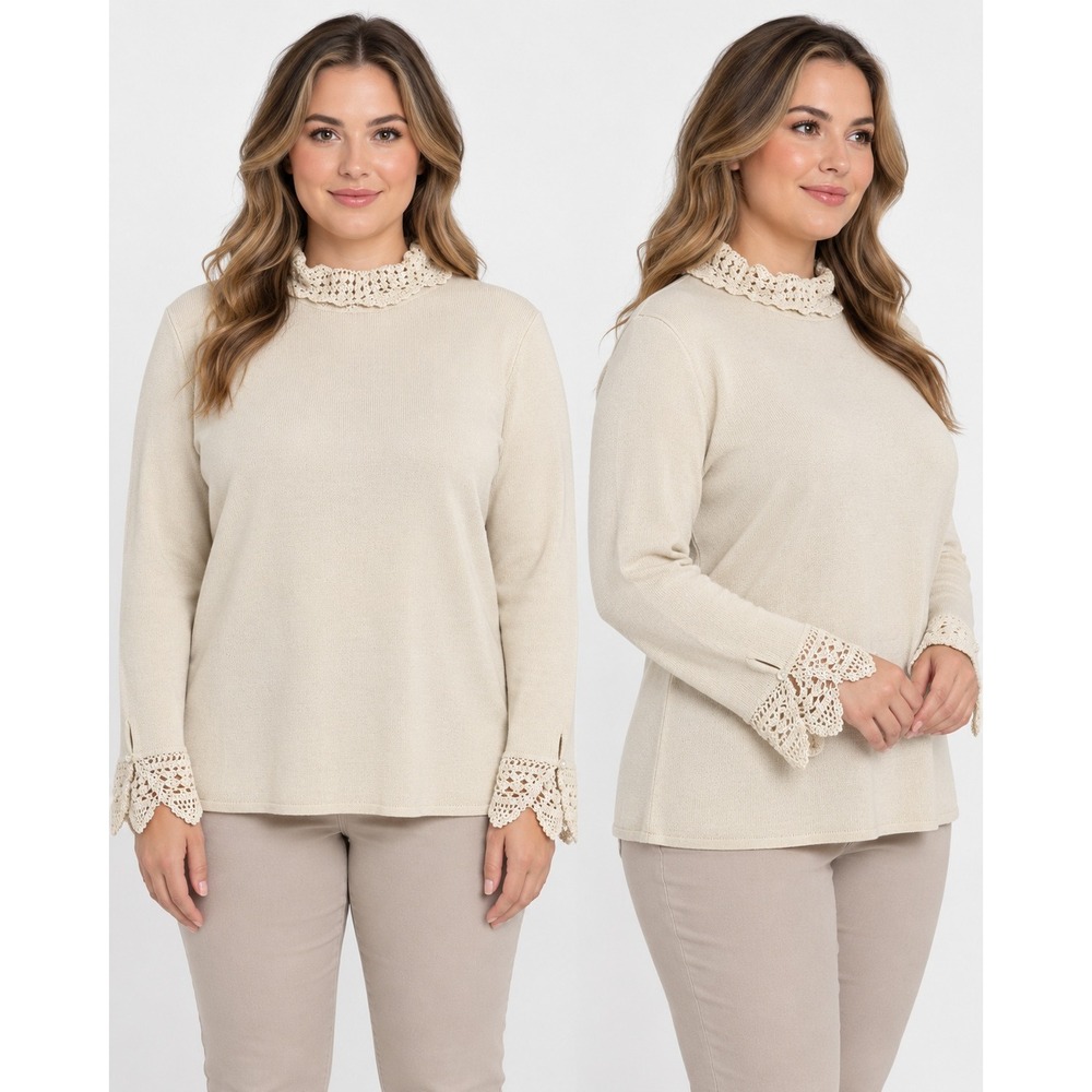 Soft Surroundings Cream Beige Crochet Lace Trim Wool Blend Sweater XL
